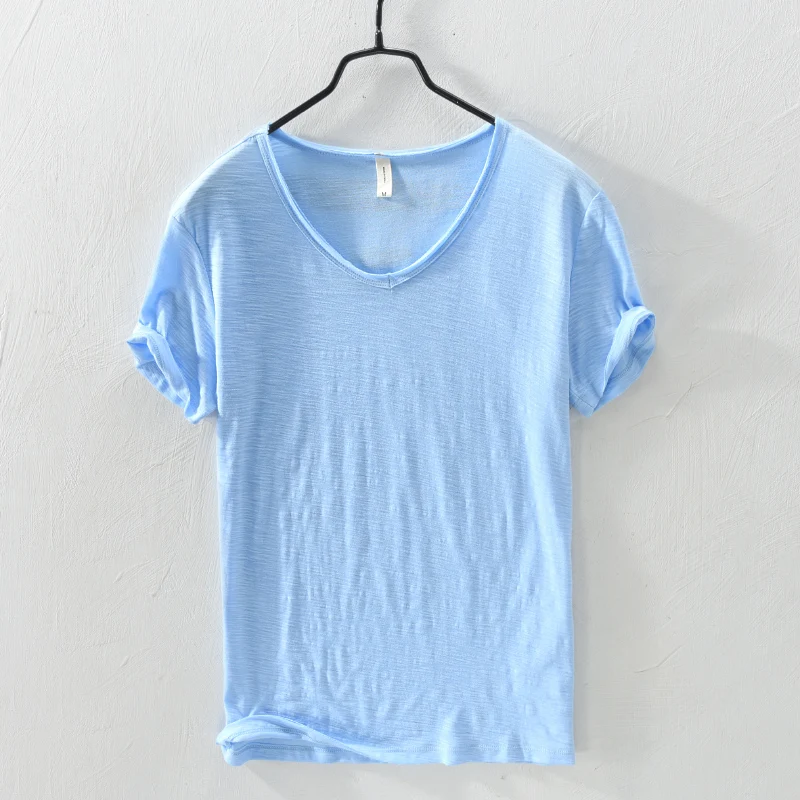 2020 Summer New 100% Cotton T-shirt Men V-neck Solid Color Casual T Shirt Basic Tees Plus Size Short Sleeve Tops Y2449 | Мужская одежда