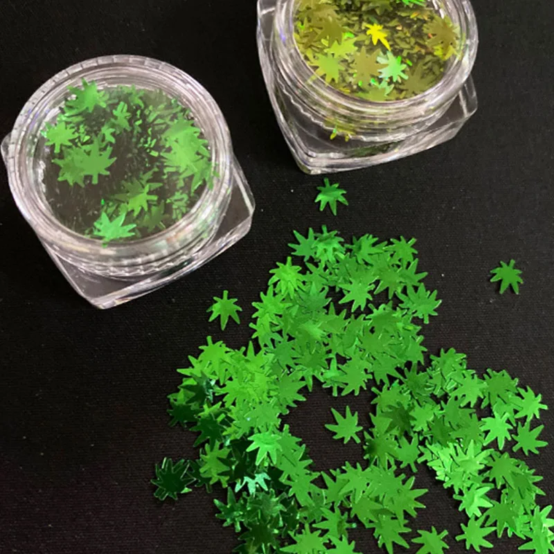 

Green Weed Leaves Pot Leaf Glitter Nails Holographic Grass 3D Shape Gel Acrylic Nail Art Decorations