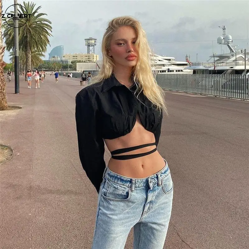 

2021 spring autumn women's new sexy blouse fashion lapel pure color tie belt slim body crop casual shirt Hollow Out Long Sleeve