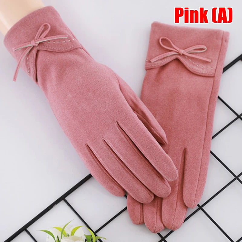 

Fashion Winter Elegant Female Wool Touch Screen Gloves Women Warm Cashmere Full Finger Leather Bow Dotted Embroidery Gloves