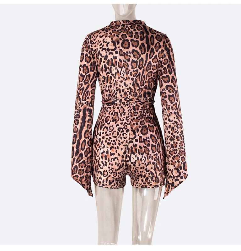 

Sexy V-neck High Waist Playsuit Overalls Women Casual Leopard Print Romper Long Flare Sleeve Short Jumpsuit Female Clothing