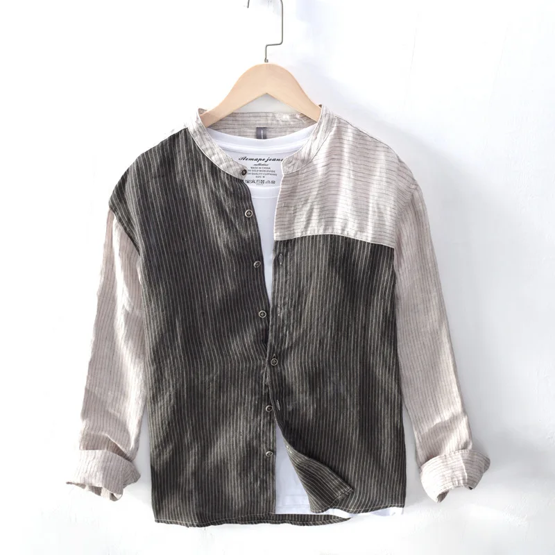 Мужская льняная рубашка в полоску Повседневная стиле пэчворк новинка