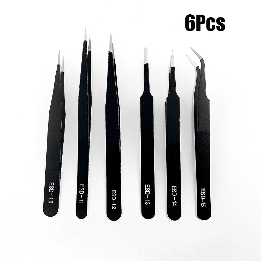 

6Pcs/Anti Static ESD Tweezers Stainless Steel Elbow For DIY Clamping Small Objects Picking Up Gems Hand Sewing Craft Accessories