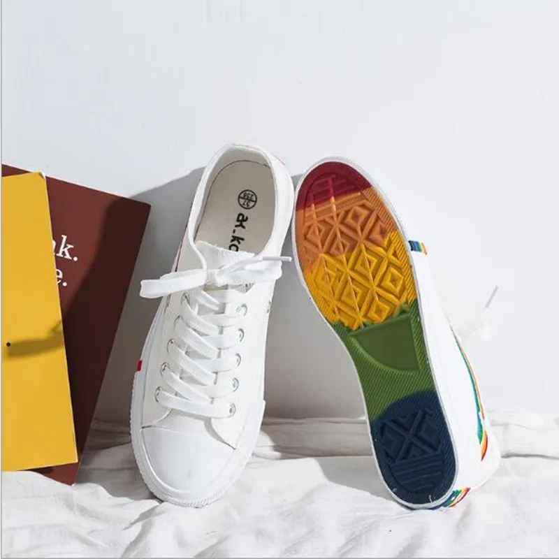 

Women Sneakers Fashion Rainbow Pattern Wear-Resistant Outsole Casual Canvas Shoes Outdoor Lace-up Flat Sports Walking Shoe 35-40