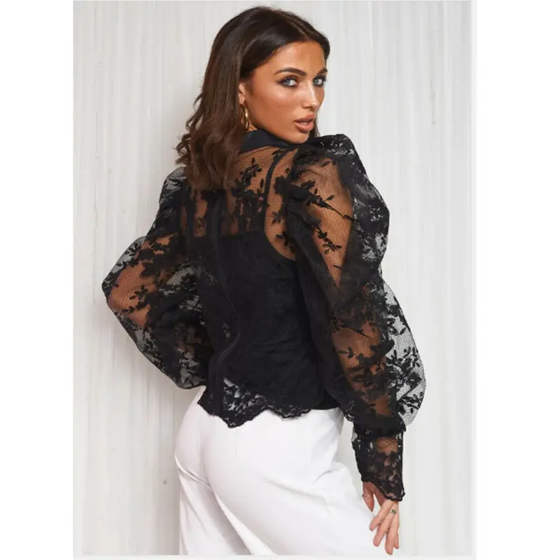 Блузка женская кружевная с длинным рукавом-фонариком и бантом | Женская одежда