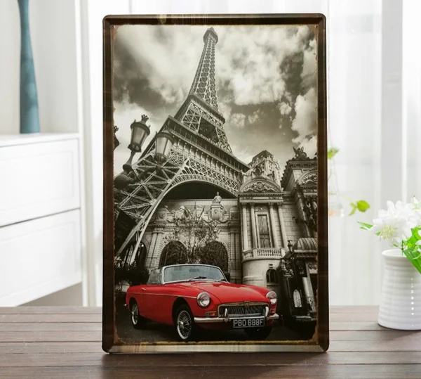 Красная машина железная башня жестяной плакат Постер для дома пабов и баров