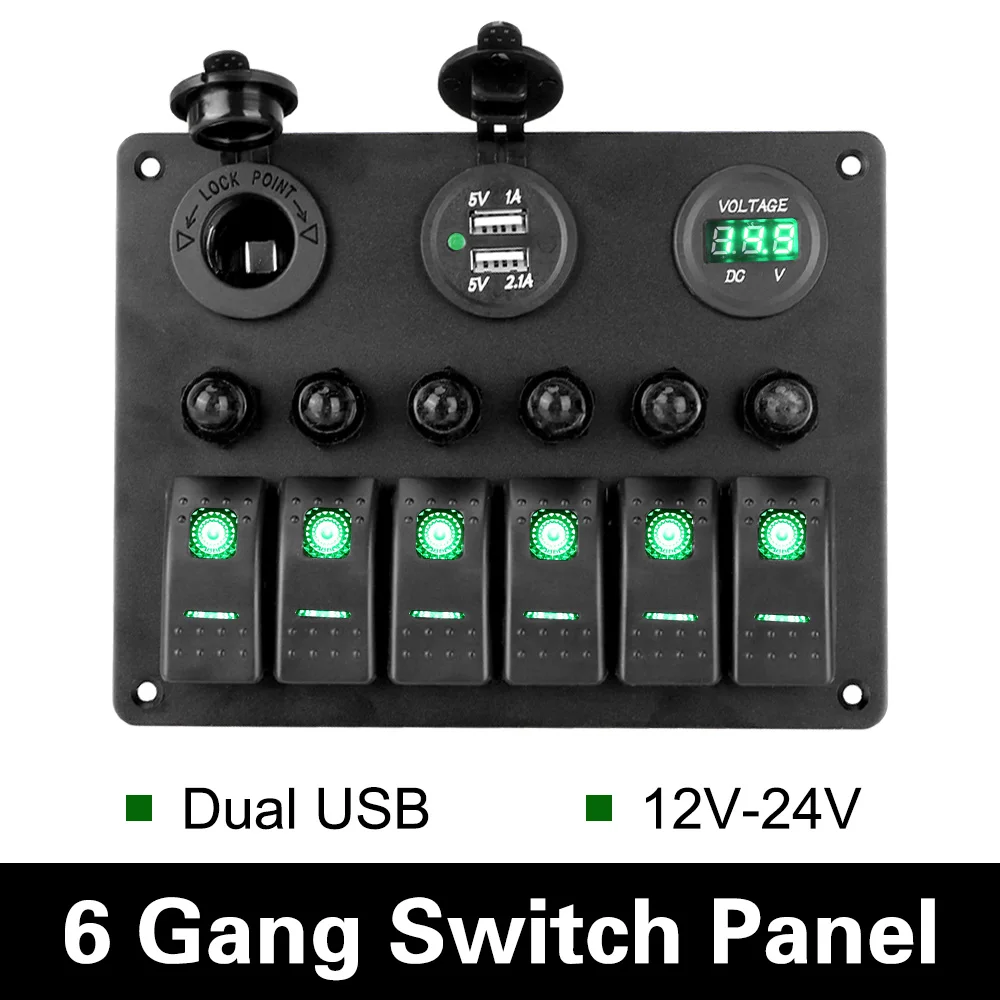 

DC 12V/24V 6/10 Gang автомобильный кулисный переключатель панель Цифровой вольтметр алюминиевая панель схема светодиодный брейкер 2 USB для автомоби...