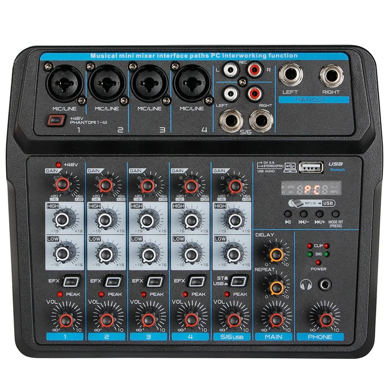 

M-6 Portable Mini Mixer o DJ Console with Sound Card, USB, 48V Phantom Power for PC Recording Singing Webcast Party(US Plug)