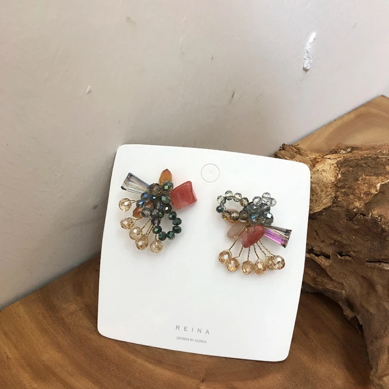 Korean Retro Style Super fairy temperament wild color crystal tassel bow earrings For Female Accessories
