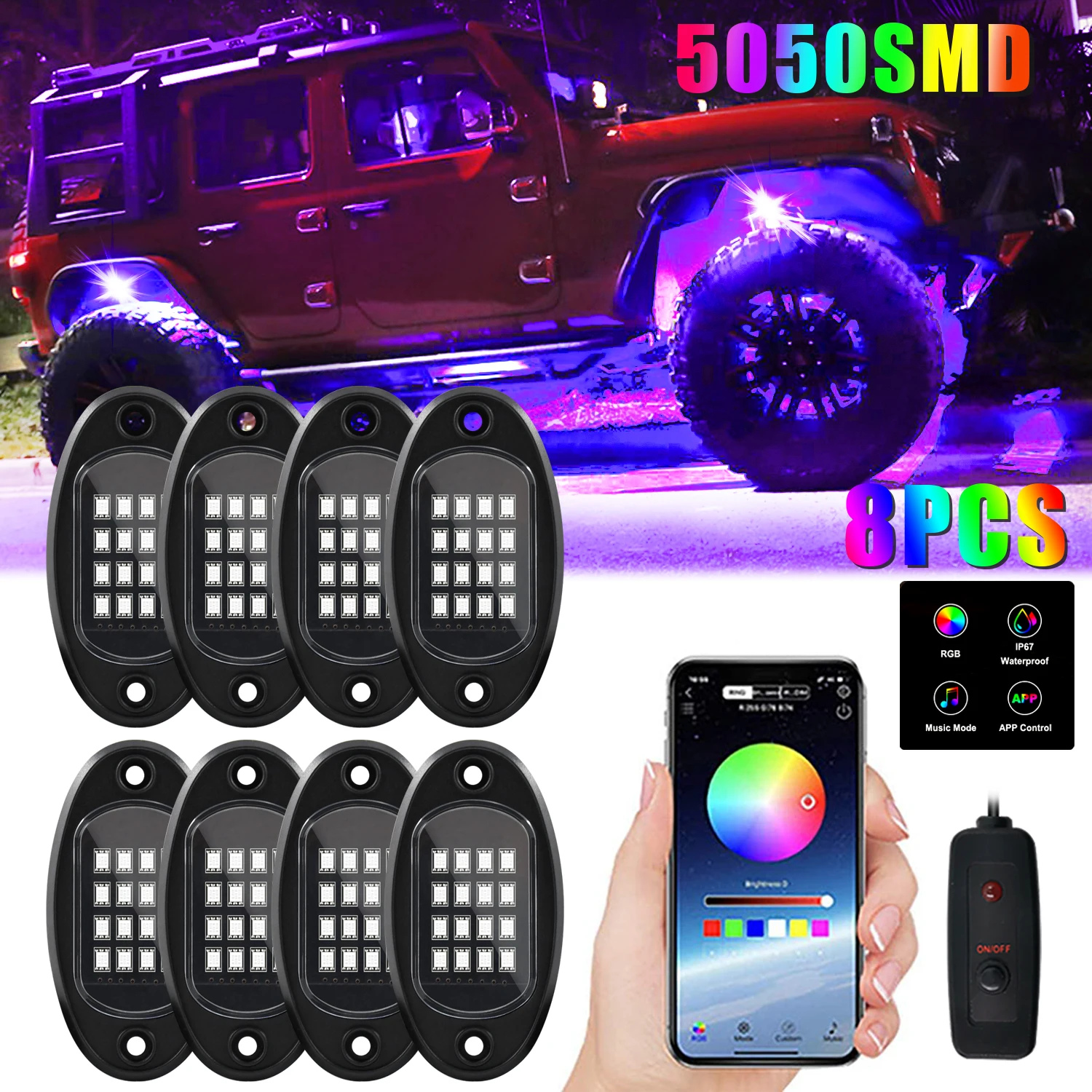 4/6/8 Pods RGB LED Rock Lights Underbody Neon Music bluetooth Multicolor Underglow For Jeep Boat Car SUV ATV Off Road Truck