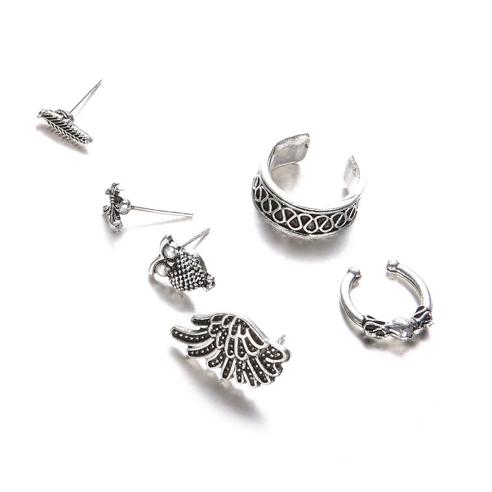 

6 Pieces/Set Stud Earrings Owl Angel Wings Feather Hollow Flower Earring Set Women Totem Ear Clip Antique Silver Color Jewelry