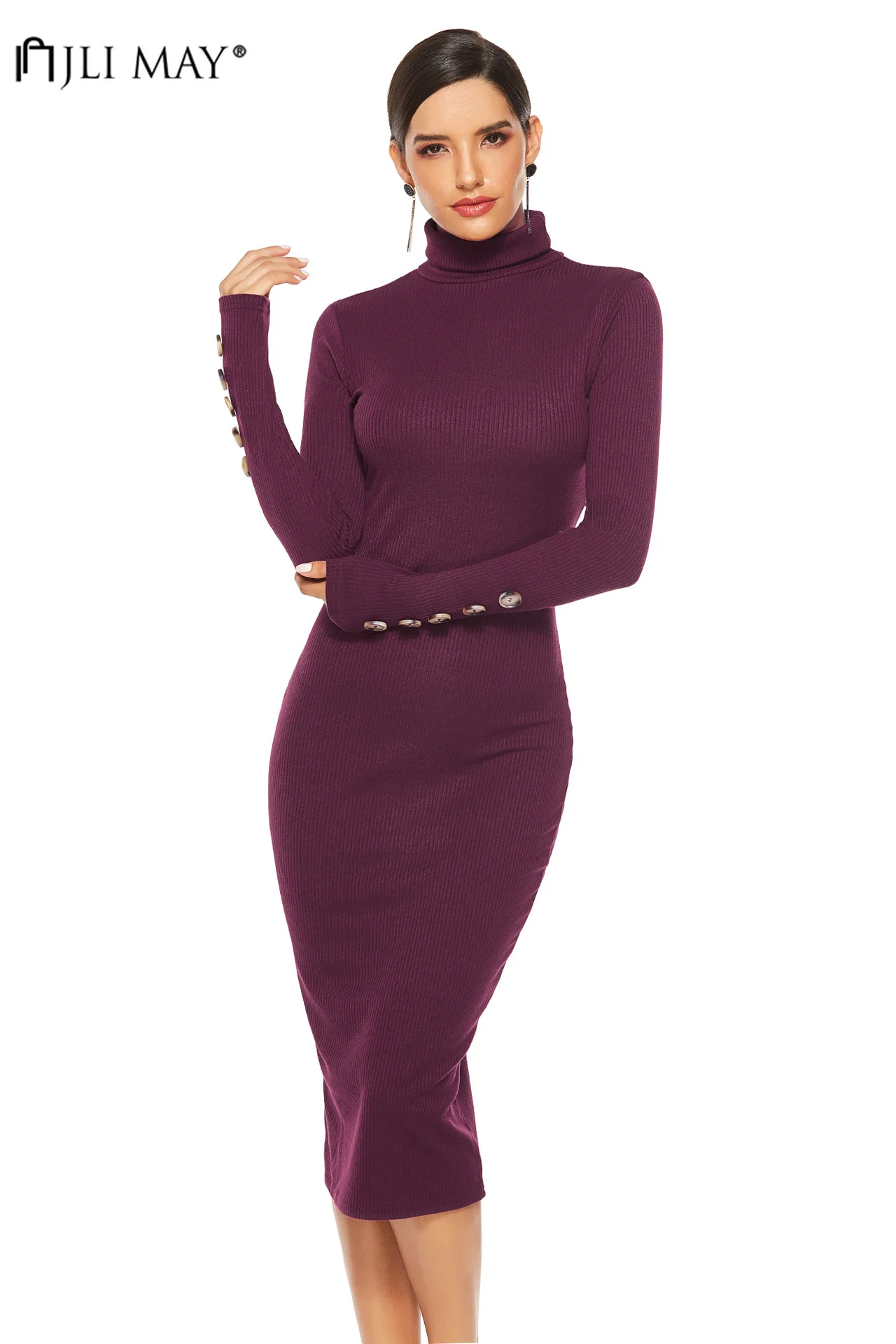 Jli May с длинным рукавом в рубчик платья Для женщин стрейч Bodycon до середины икры