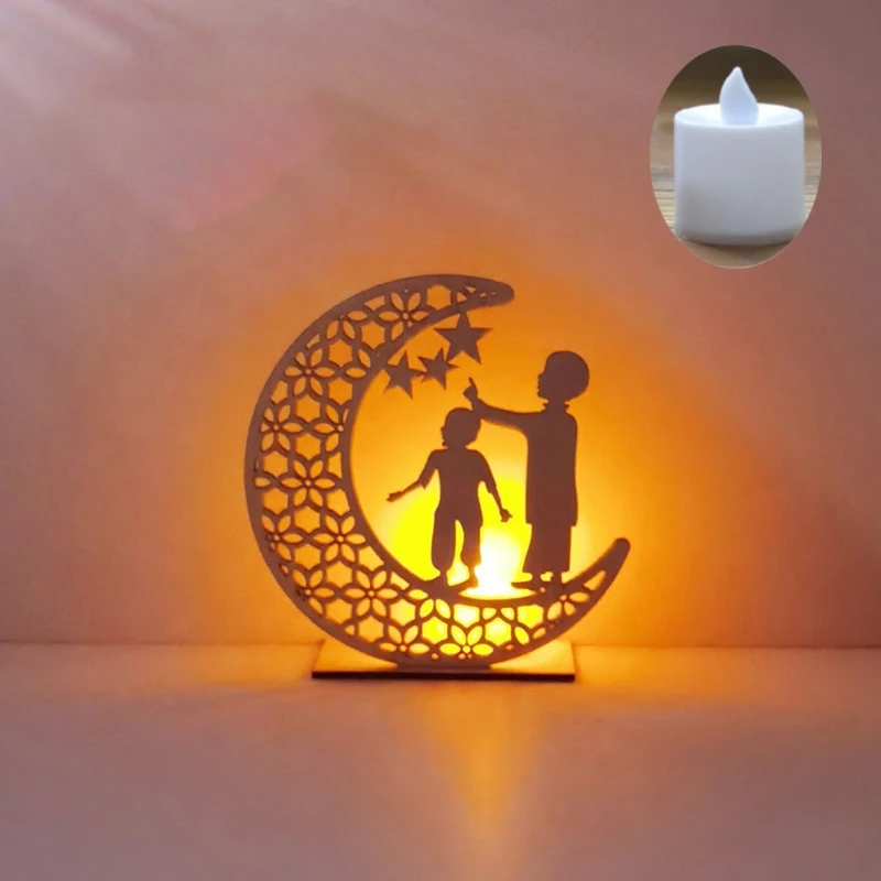 

Wooden Ramadan Eid Mubarak Moon Star Islam Hanging Pendant Plate With LED Candle