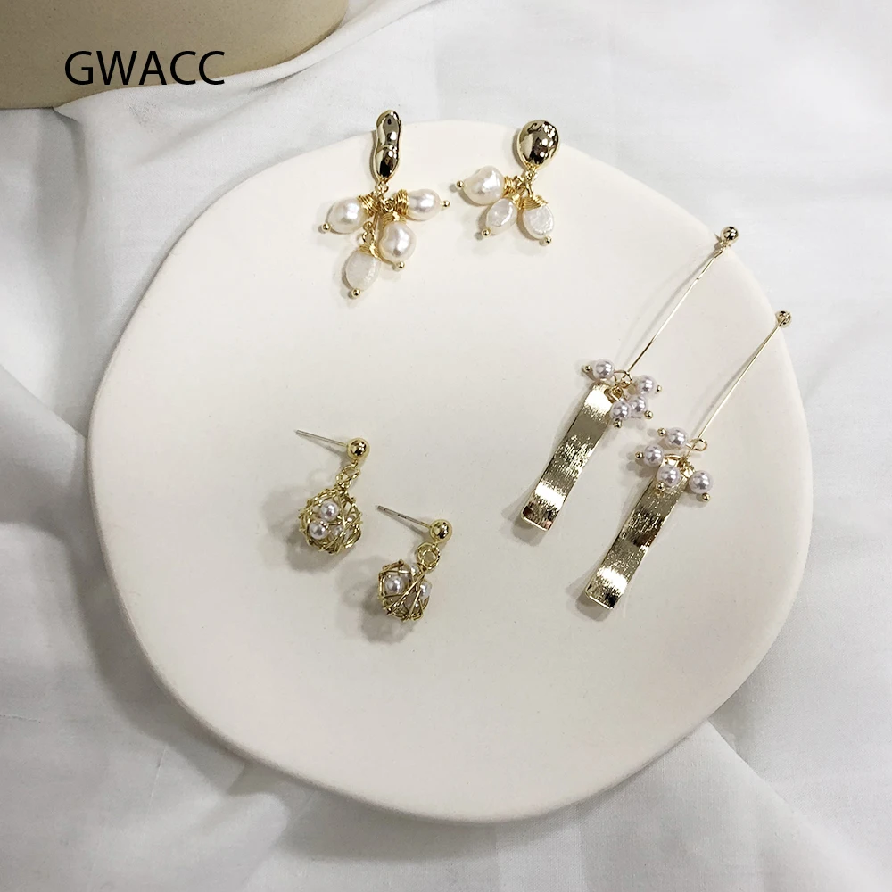 

INKDEW Korea Design Trendy Gold Metal Pearl Drop Earrings for Women Girl Long Earrings Weave Ball Freshwater Pearl Jewelry Gift
