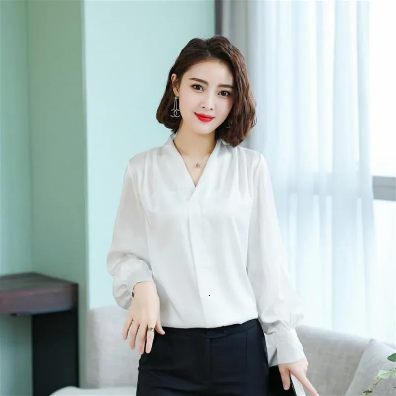 2019 Lente Nieuwe Mode Vrouwen повседневные сексуальные v-образный вырез атласные блузки Lange Mouw