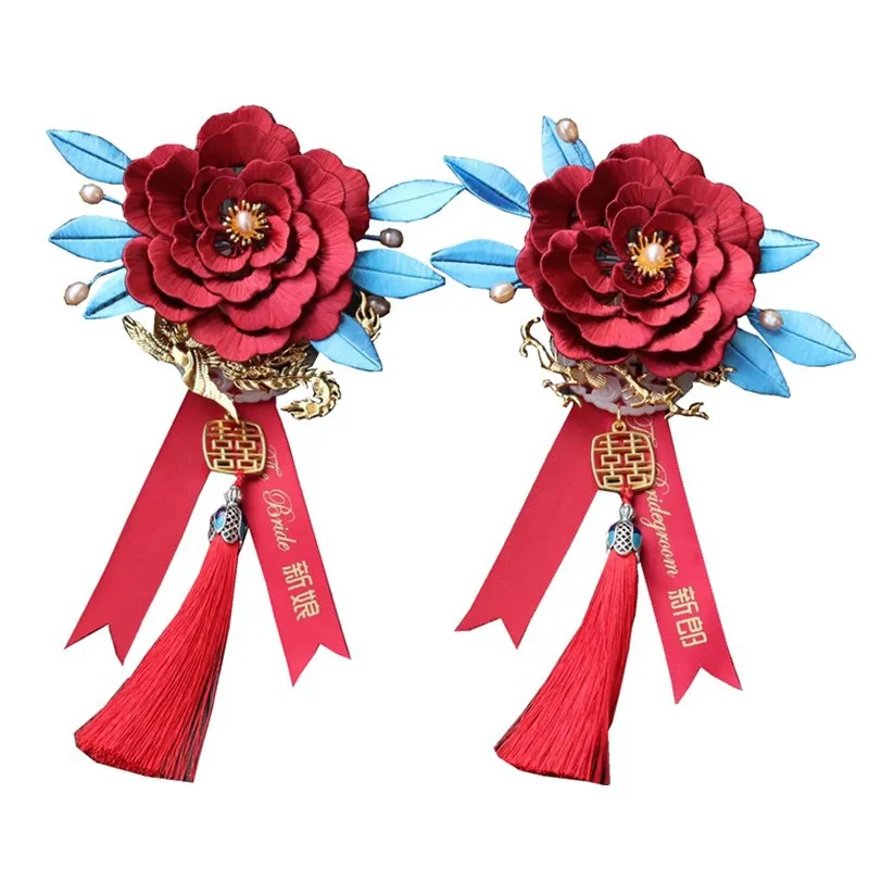 

Chinese Wedding Corsage Bridegroom Bride Boutonniere Brooch a Pair of Traditional Chinese Vintage Wrapped Flowers Wedding Gifts