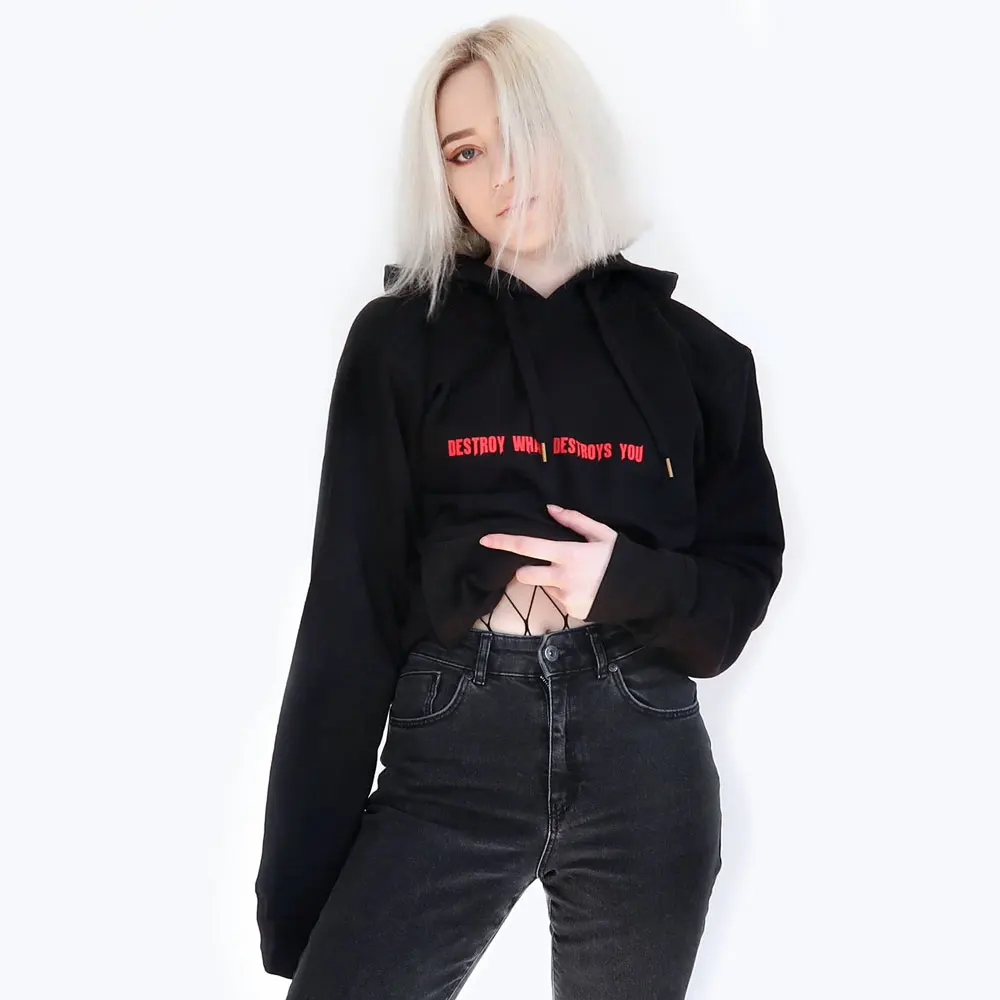 Женский Повседневный пуловер с капюшоном и длинным рукавом Черный свитшот 90s