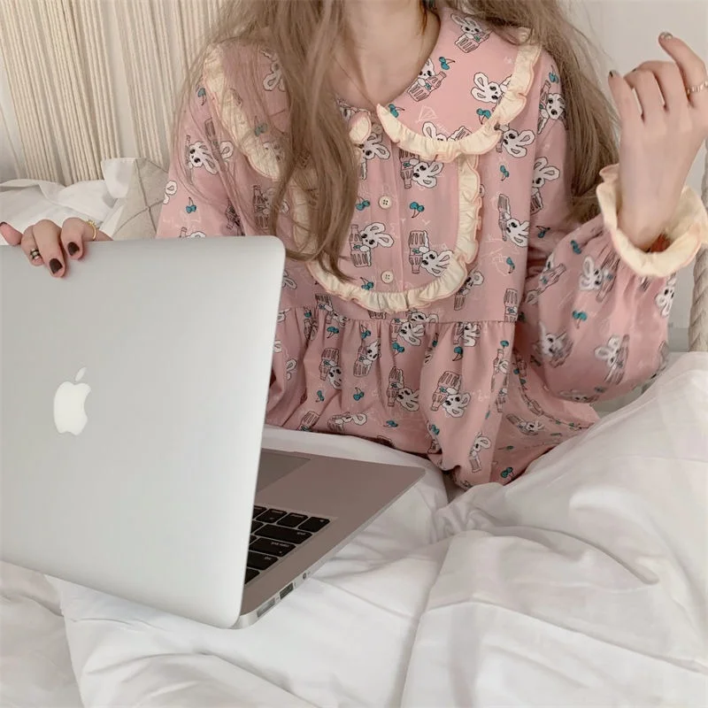 

Pajamas for Women Kawaii Cute Bunny Pijamas Ruffles Doll Collar Nightwear Teen Girls Home Clothes Autumn Winter Pyjamas