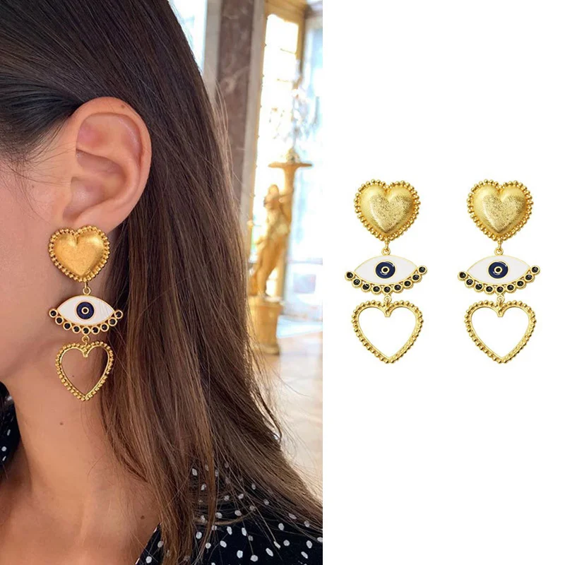 AOMU Punk Metal Gold Color Heart Earring For Women Lady Vintage Exaggerate Statement Eye Dangle Earring Ear Jewelry Set