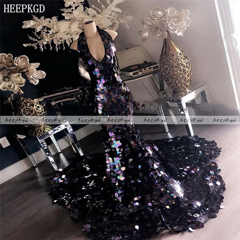 

Colorful Mermaid Long Train African Prom Dresses Backless Halter Sexy Sequin Special Occasion Party Dress For Graduation