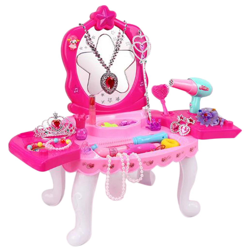 

Girls Role Playset Dressing Table w/ Mirror Rings Hair Clips Pretend Toys