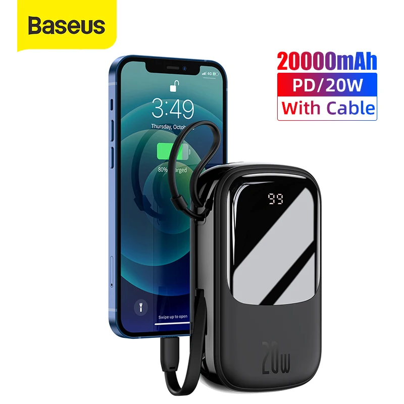 

Baseus 20W Mini Power Bank 20000 mAh Built in Cables PowerBank External Battery Charger For iPhone 12 11 Xiaomi Samsung Huawei