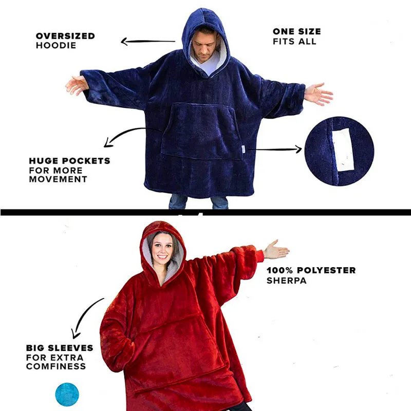

Adult Fleece Wearable Hooded TV Blankets Plush Coral Winter Sherpa Blanket Robe Pattern With Sleeves Long Warm Pocket Hoodies