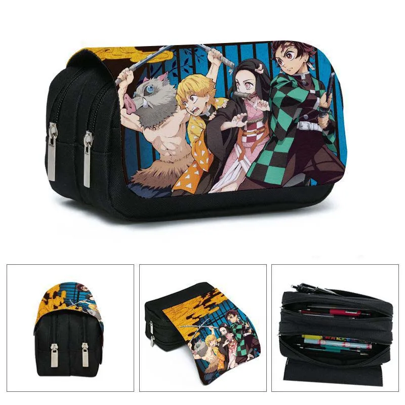 

Anime Demon Slayer: Kimetsu No Yaiba Kamado Tanjirou Double Zipper Canvas Students Pencil Bag Wallet Storage Bag Stationery
