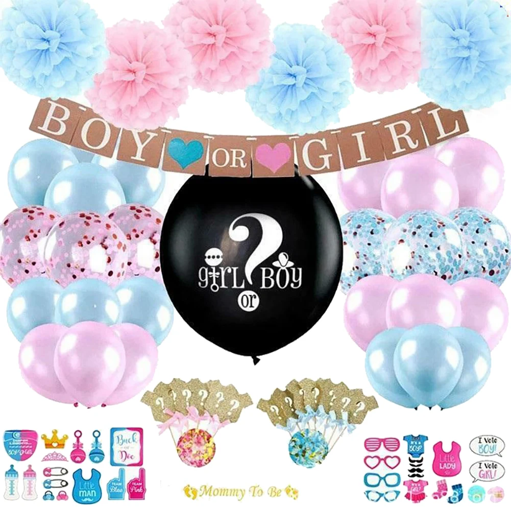 

107pcs BOY OR GIRL Gender Reveal Party Supplies Baby Party Decoration Flag Pulling Confetti Balloons Photo Props