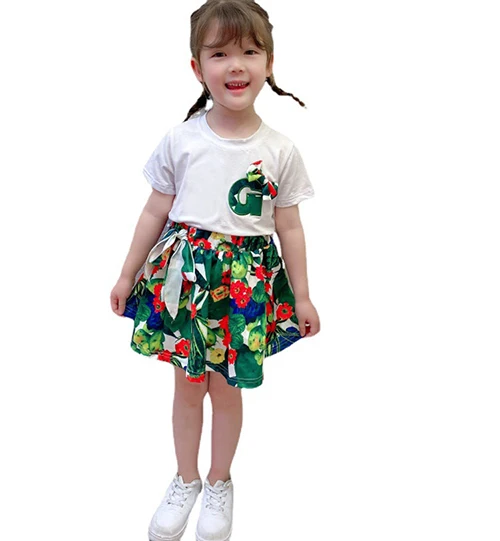 

New 2021 summer 2 pcs fashion kids girl clothes set short sleeve round neck cotton letter printed T-shirt and skirt 2-10 years