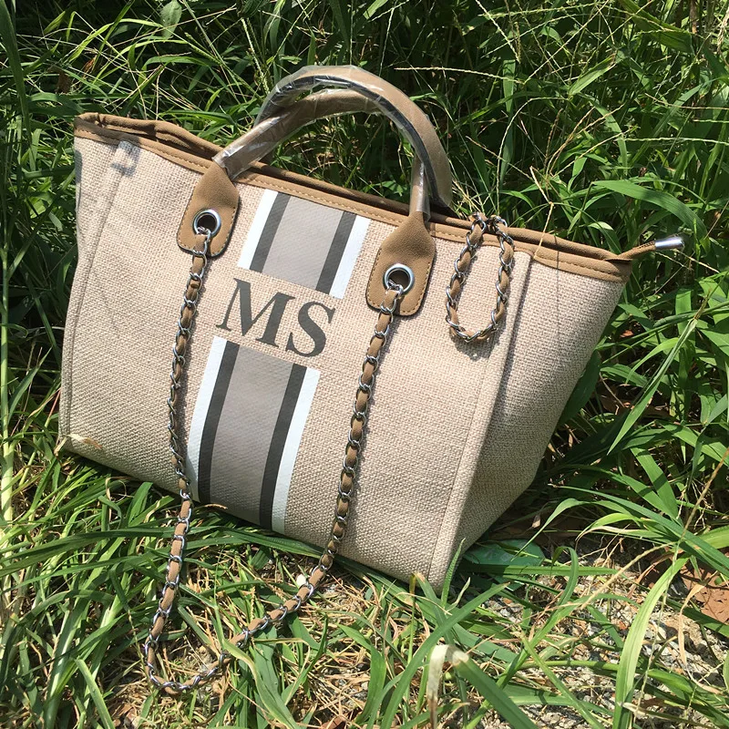 Custom Fashion Monogrammed Canvas and Leather Travel Tote Bags, Custom striped with initials Mommy Shopping Jute Beach Tote Bag