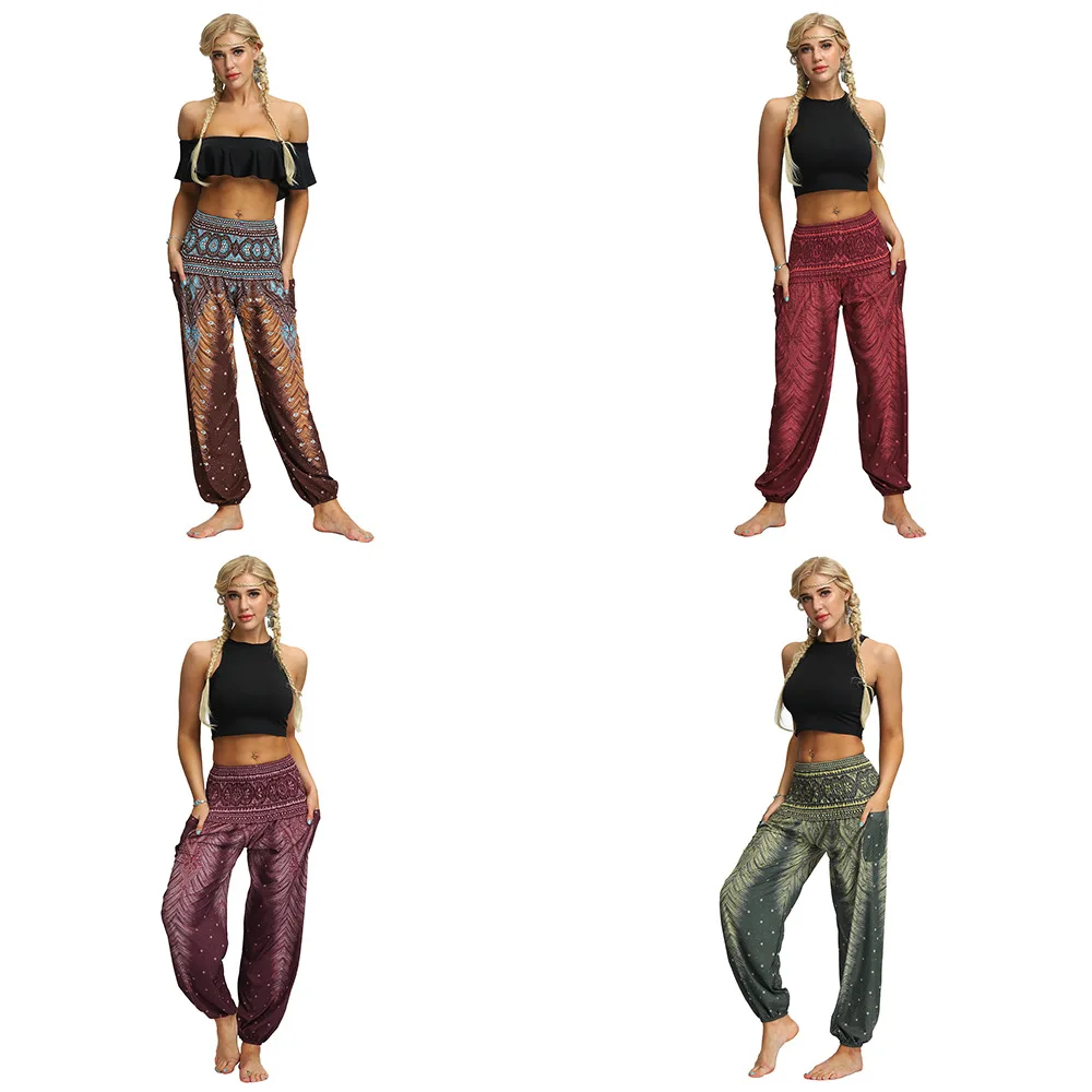 Эластичные прямые свободные брюки трубы с принтом перьев и высокой талией