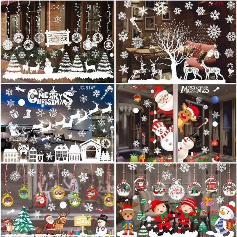 

Christmas Wall Sticker Removable PVC Static Stickers Santa Snowflake Window Decals for Kids Rooms New Year Party Decor