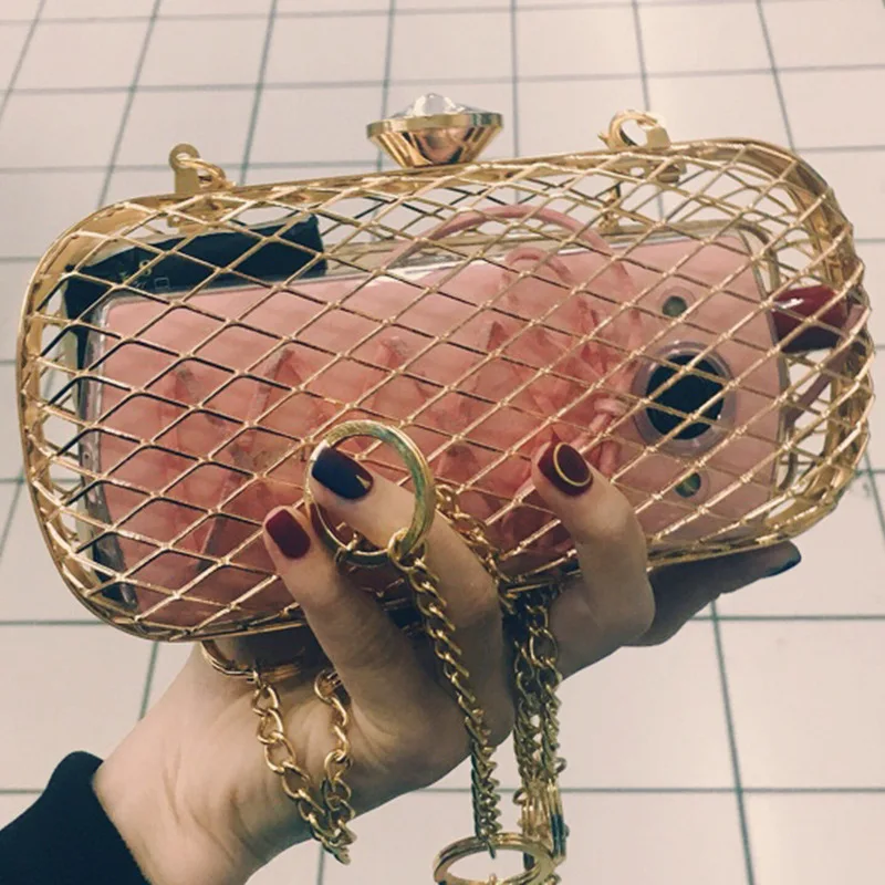 

2021 European and American transparent hollow net box bag holding bag encrusted diamond dinner chain cross-slant bag