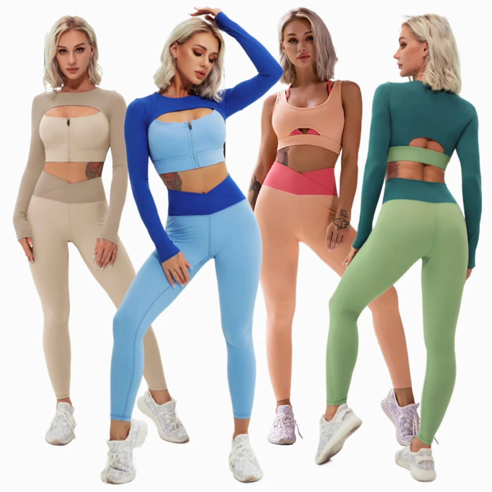 

Women Yoga Set Sexy Zipper Long Sleeve High Waist Leggings Workout Clothes Gym Fitness Sport Sportwear Suit