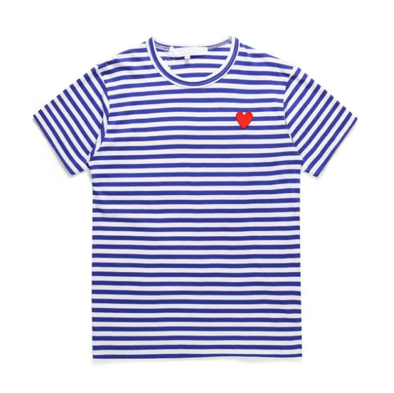 

(Have eyes)2020 New T-shirt Embroidery Heart Men and Women Wear Love Round Neck Cotton Color Striped Short-sleeved for Couple