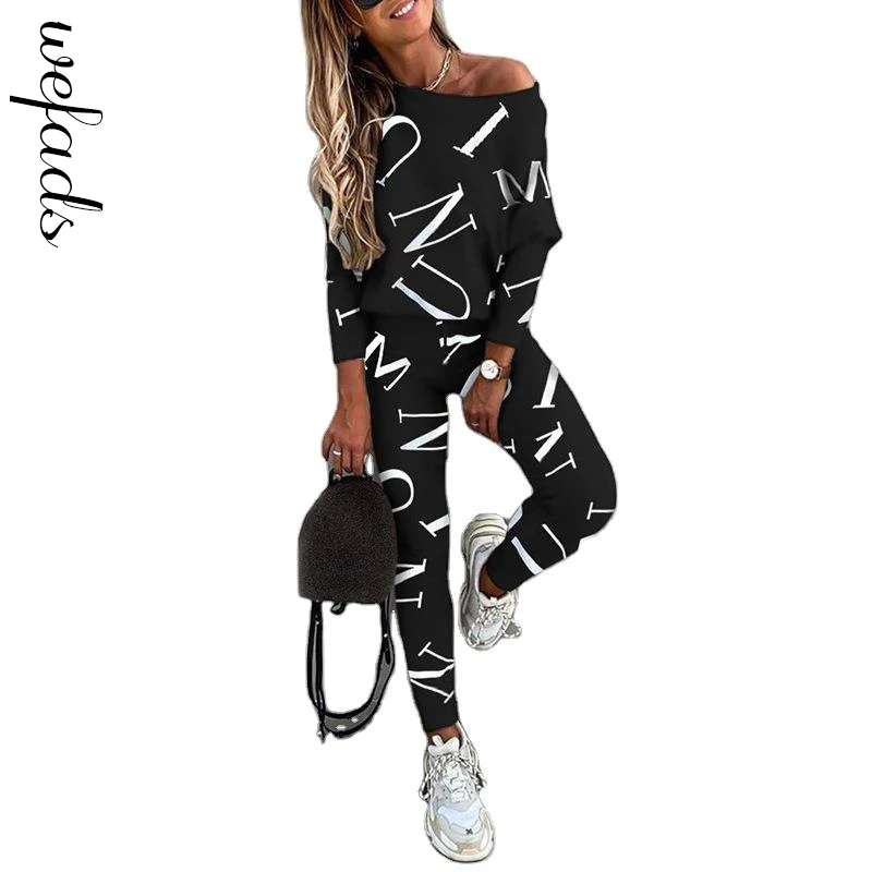 

Wefads Women 2 Piece Suit Letter Print Long-sleeved Trousers Casual Suit One Shoulder Top + Pant