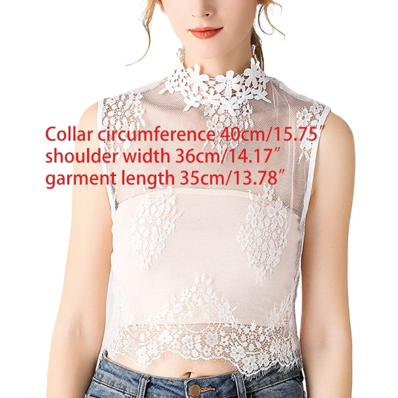

Women Hollow Mesh Floral Fake Collar Turtleneck Pullover Detachable Half Blouse