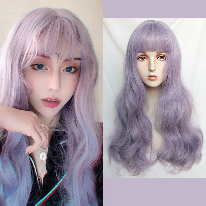 

Dusk Purple Lolita Wig Harajuku Fairy Long Curly Wavy Synthetic Hair Sweet Bangs Body Wave Girls Cosplay Daily Wear