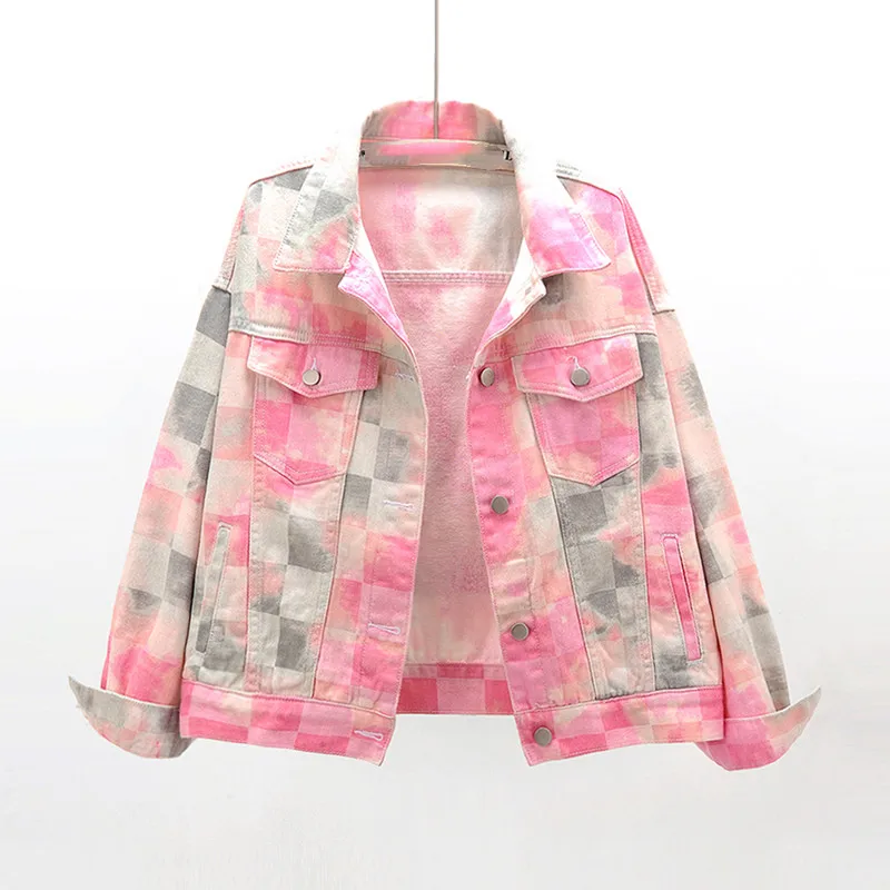

2021 Korean Autumn Harajuku Jeans Jacket Women New Long Sleeve Colorful Tie Dye Print Coat Short Loose Denim Jackets Female A725