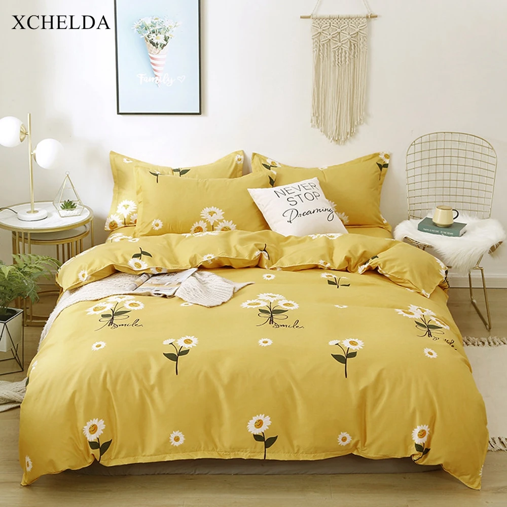 Постельное белье двойной Queen Twin желтый класса люкс с изображением подсолнуха