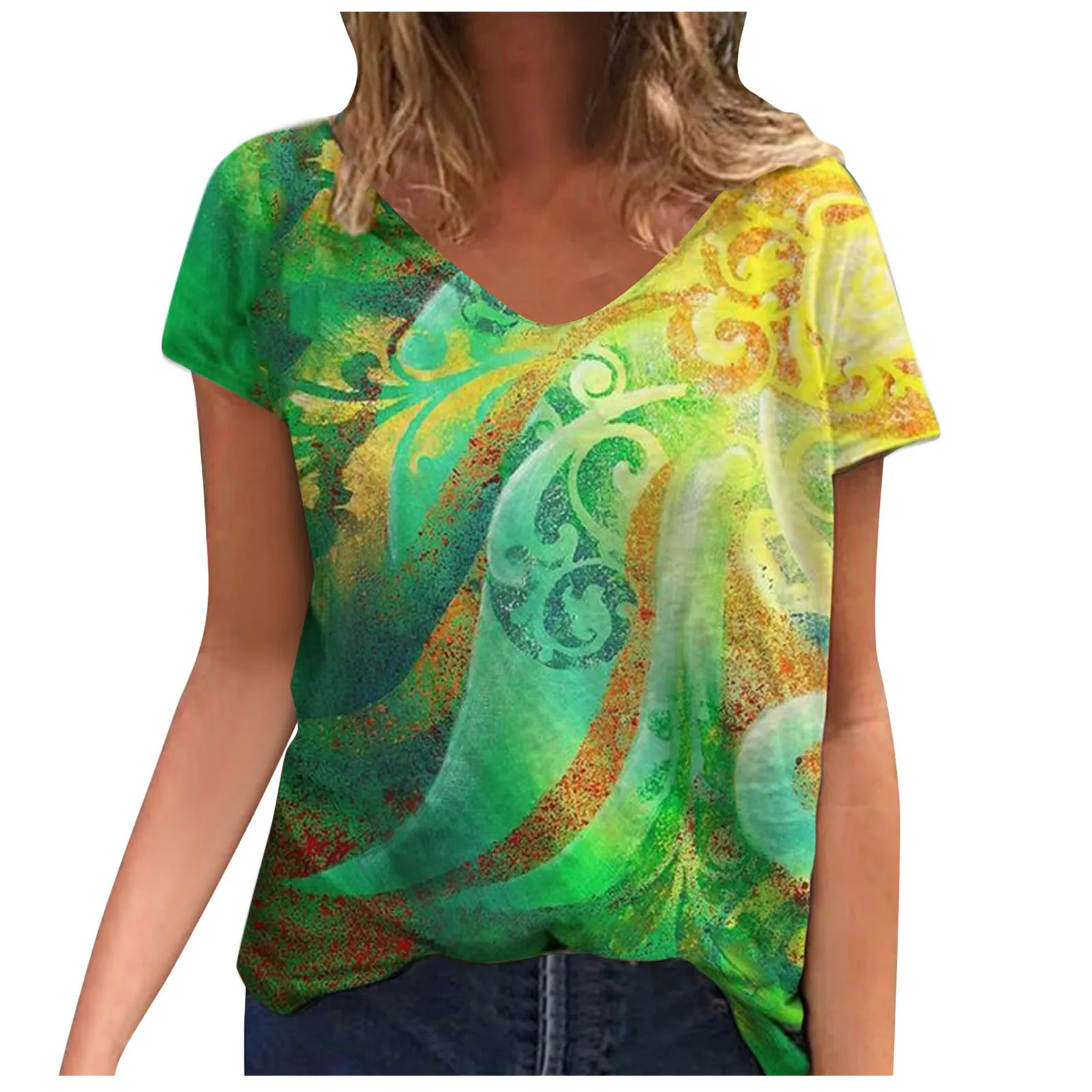 

Women Summer Casual Tee Short Sleeve Women T-Shirts Flower Print Street Tops Female V-Neck Loose T-Shirt Plus Size 622#G