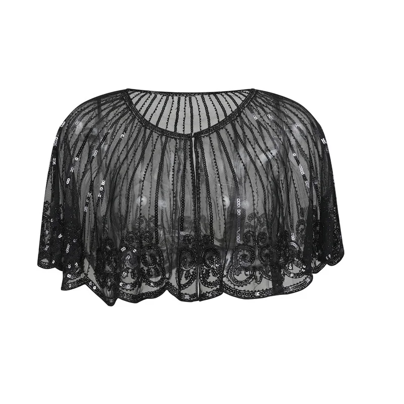 

Thin Sequin Shawl Party Embroidery Fringe Shawl Cover Up Gatsby Beaded Cape Vintage Mesh Wraps