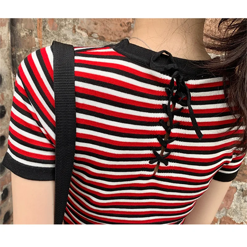 

Fashion Dresses Woman Summer 2021 Striped Knitted Back Lace Up O-neck Party Mini Dress Vestidos Robe Femme