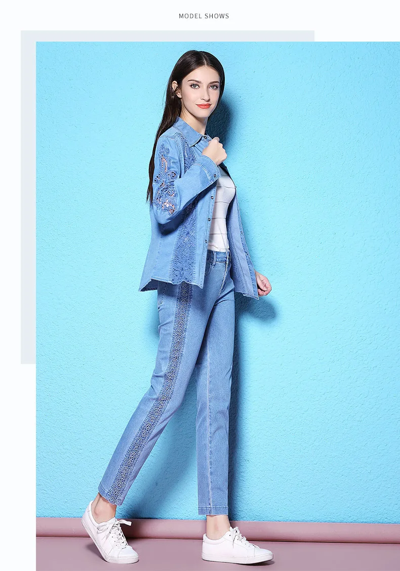 Летние и осенние стильные кружевные эластичные голубые джинсы длиной до щиколотки с вышивкой, дышащие тонкие джинсы для женщин NW17C1200
