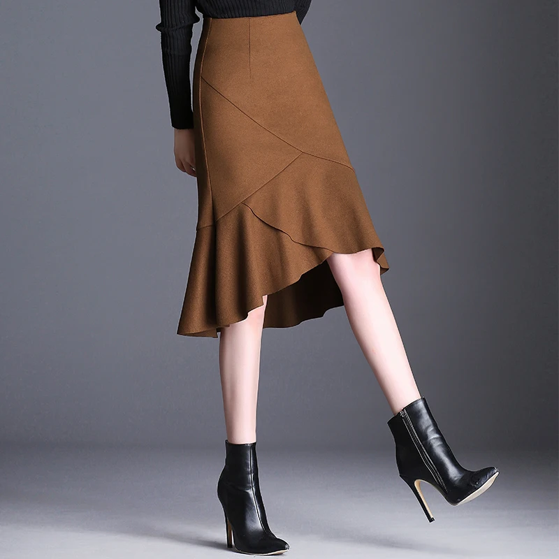 

New Fashion High Quality Fishtail Woolen Autumn Winter Women Wrap Hip High Waist Casual Knee-length Skirt Plus Size M-3XL 4XL