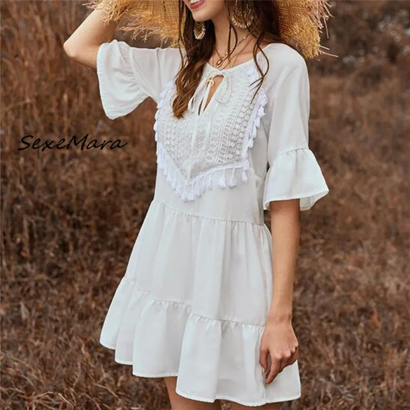 

Женское офисное платье-мини с бахромой, белое платье в стиле пэчворк, лето 2022