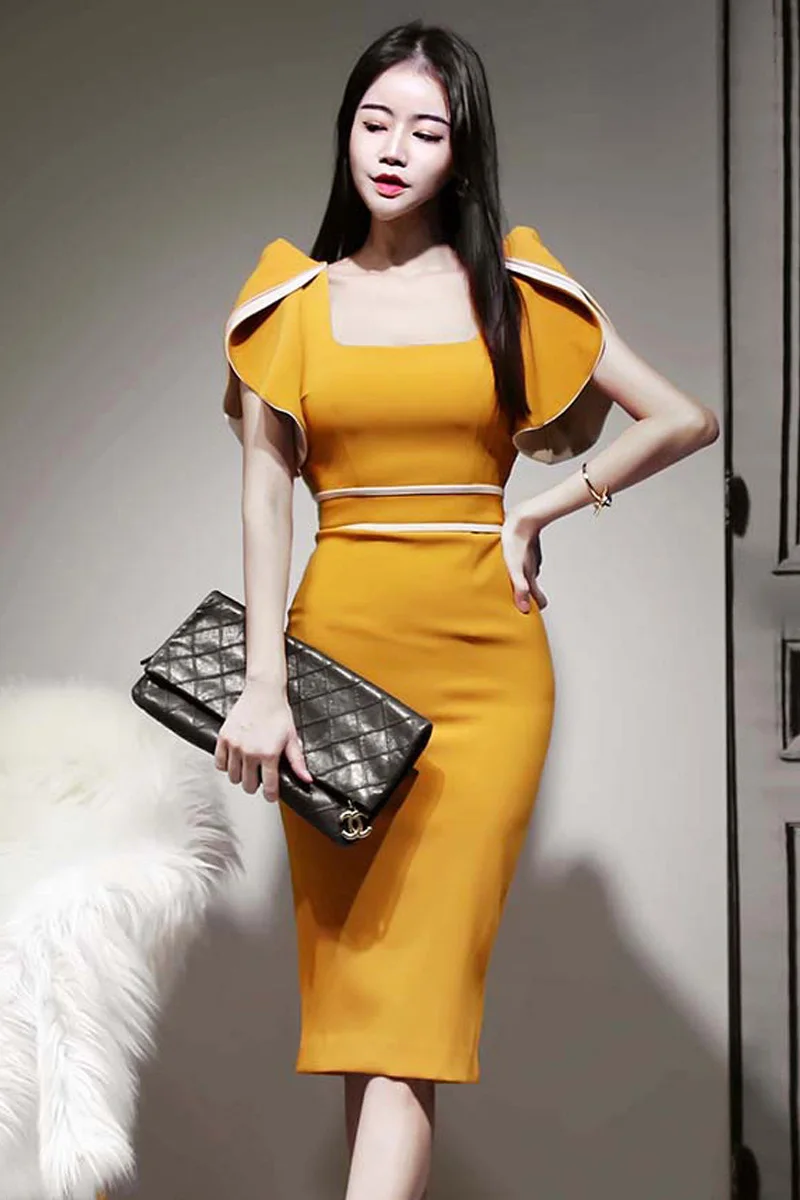 

2020 new women spring Korean style slim mid-length retro fashion lotus leaf sleeve bag hip split dress