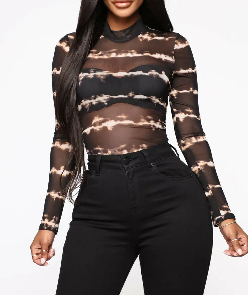 

Summer Sexy New Women's Perspective Bodysuits Mesh Sheer Skinny Jumpsuit Long Sleeve Sexy Striped Cocktail Party Top Costume
