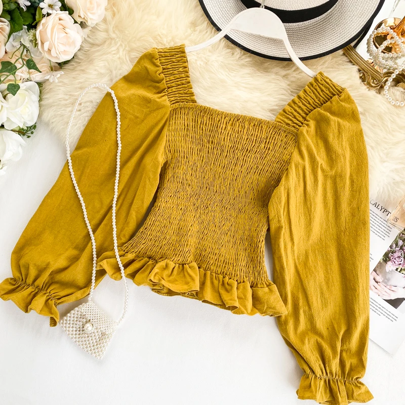 Женская рубашка с квадратным воротником осенняя блузка эластичным поясом в